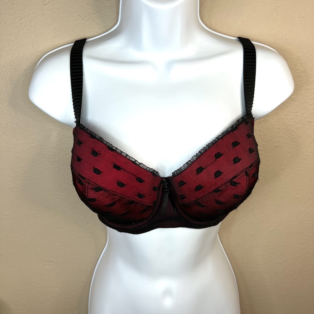 32DD Vintage Parfait Black & Red Polka Dot Lace Push Up Bra Lightly Padded